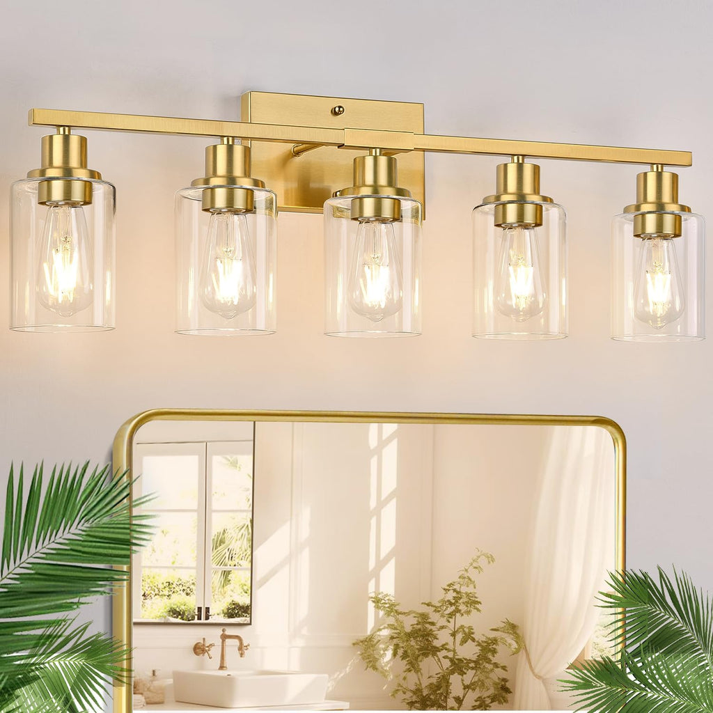 Indoi 5-Light Bathroom Vanity Light with Clear Glass Shades, Brushed Gold Bathroom Light Fixtures Over Mirror, Modern Vanity Light for Mirror Living Room Cabinet Bedroom Porch