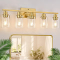Indoi 5-Light Bathroom Vanity Light with Clear Glass Shades, Brushed Gold Bathroom Light Fixtures Over Mirror, Modern Vanity Light for Mirror Living Room Cabinet Bedroom Porch