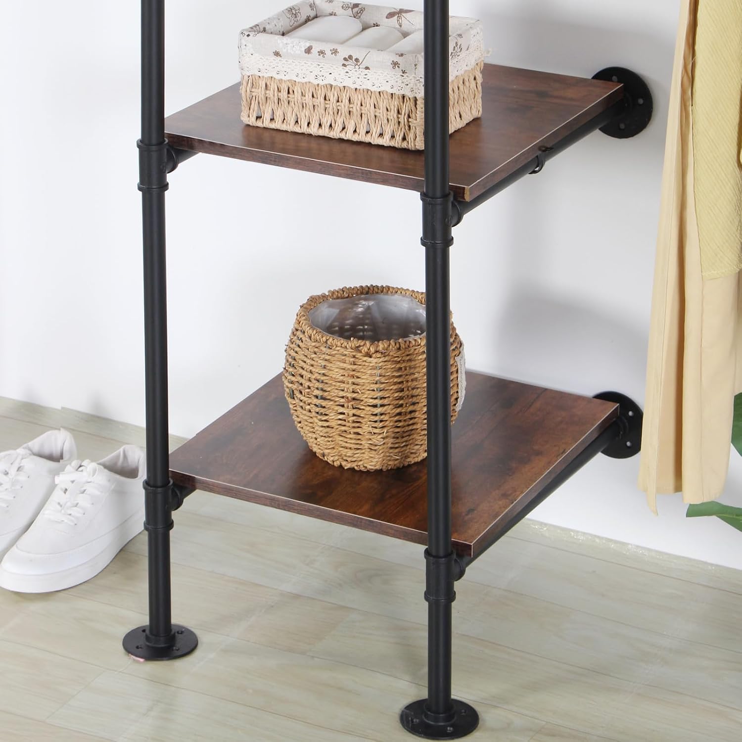Wall Mounted Industrial Pipe Heavy Duty Clothes Rack, Clothing Rods for Hanging Clothes, Freestanding Clothing Rack with 2 Hang Rods & 4 Shelves, 72.8' W x 17.7' D x 71' H