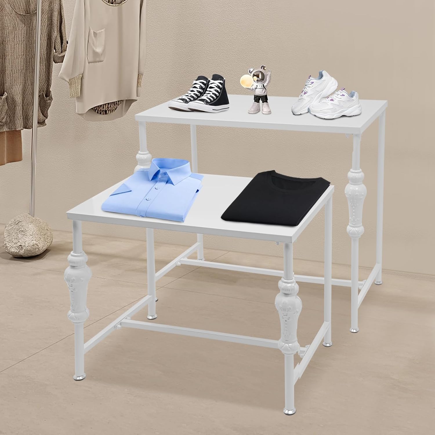 Set of 2 Industrial Retail Display Nesting Tables,Standing Retro Boutique Unit Storage Shelves,Garment Shoes Handbag Display Rack for Home Clothing Shop Hotel (White)