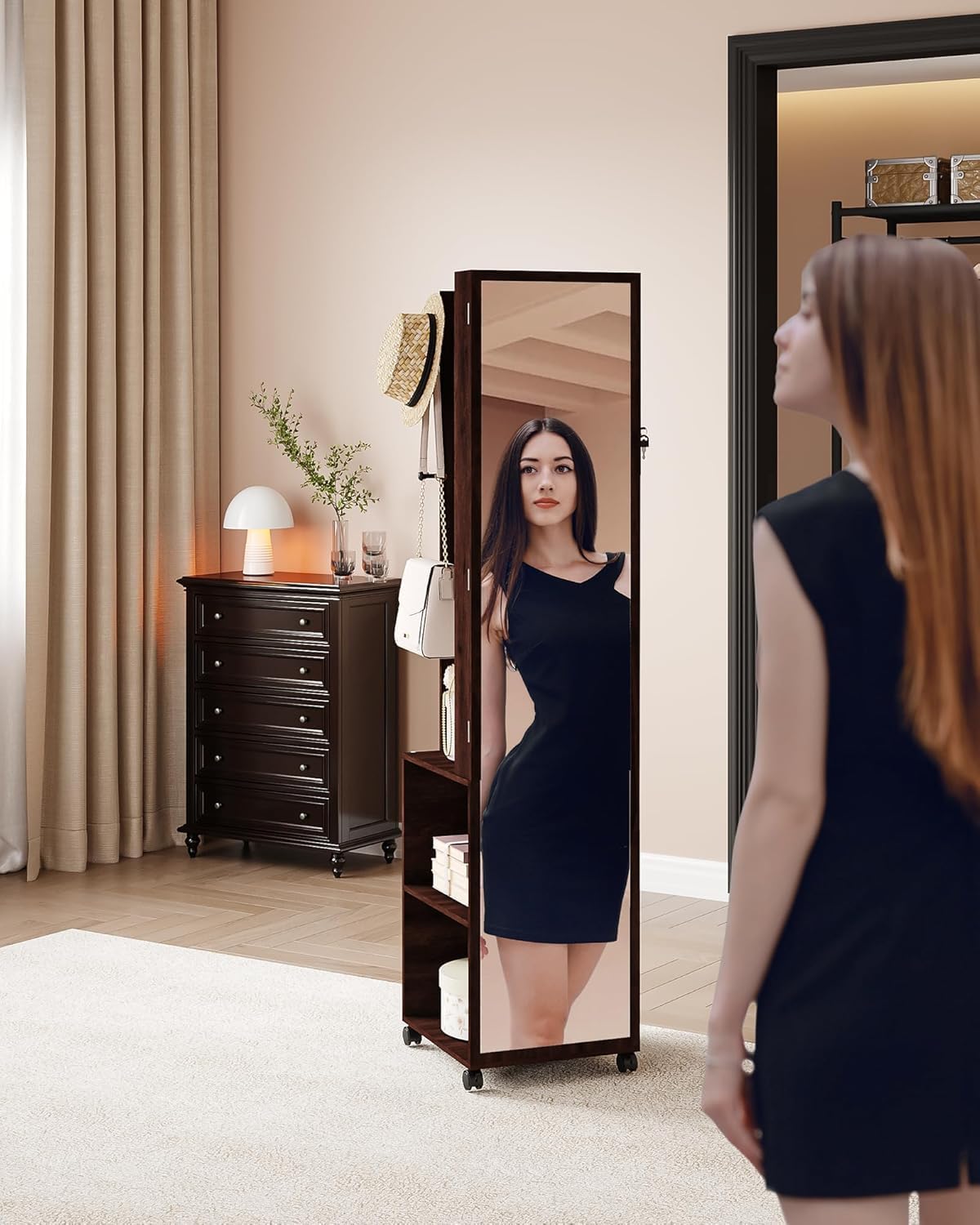 Hzuaneri 8 LEDs Jewelry Cabinet Armoire, 66.9-inch Jewelry Organizer with Garment Rack, Lockable Full-length Mirror with 4 Wheels, Storage Shelves with Hooks, 5-in-1, Brown JC17019B