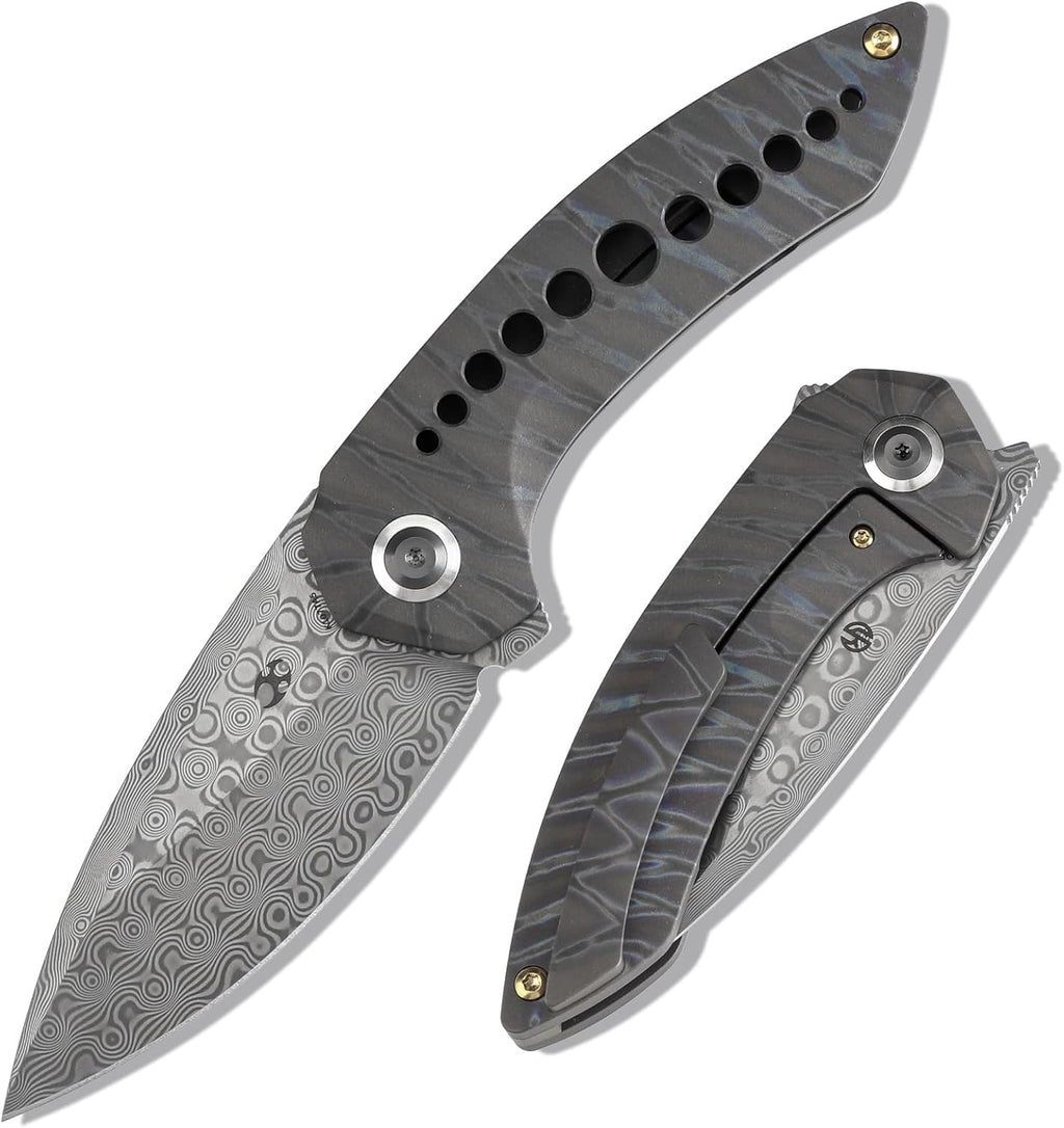 KANSEPT ODD 21 Pocket Folding Knives for Camping Hiking Folding Knife 3.06'' Damascus Blade EDC Knife with Titanium with Tiger Stripe Finish Handle for Men and Women Everyday Carry K1077A5