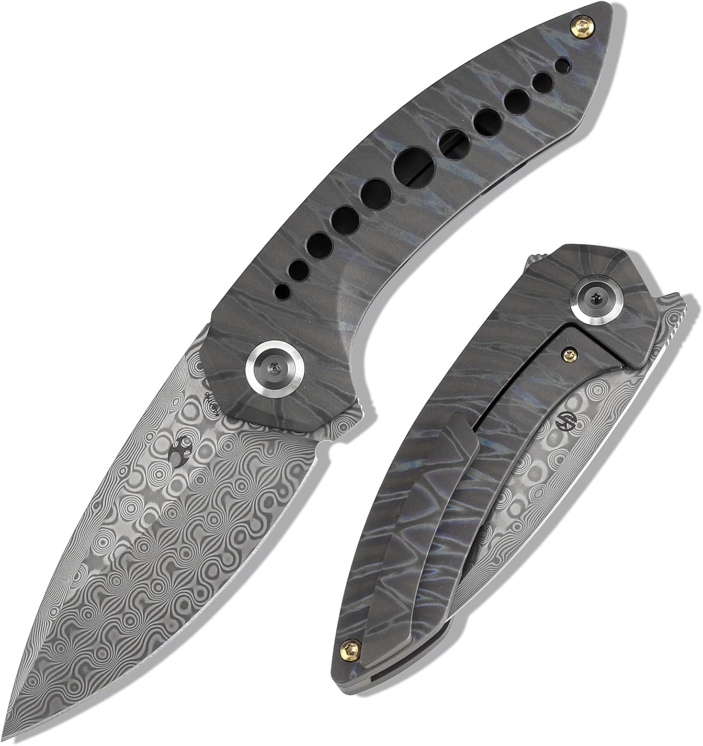 KANSEPT ODD 21 Pocket Folding Knives for Camping Hiking Folding Knife 3.06'' Damascus Blade EDC Knife with Titanium with Tiger Stripe Finish Handle for Men and Women Everyday Carry K1077A5