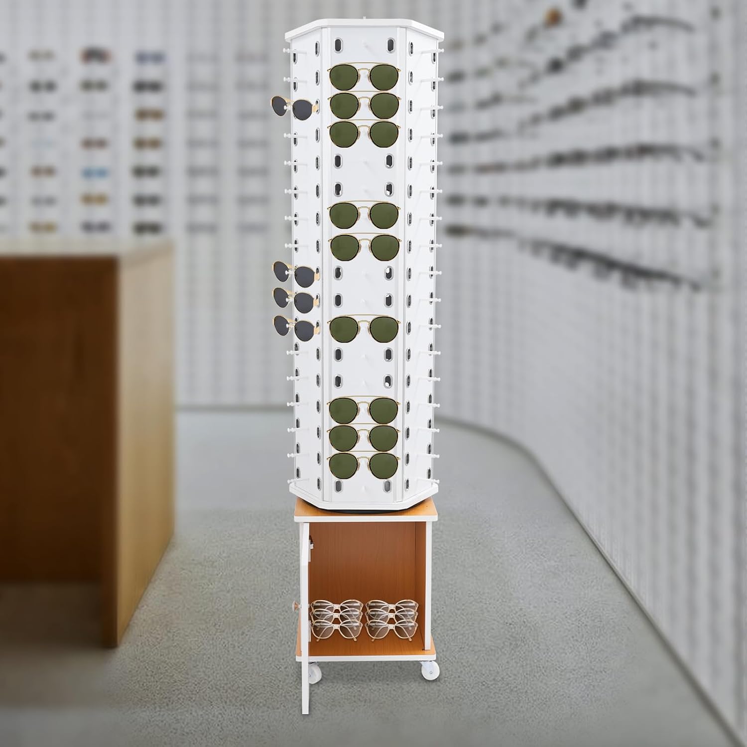 102 Pairs Rotating Glasses Display Stand, Eyewear Storage Organizer with Cabinet & Wheels, Commercial Sunglasses Display Rack, Optical Shop Glasses Holder (White+Yellow)