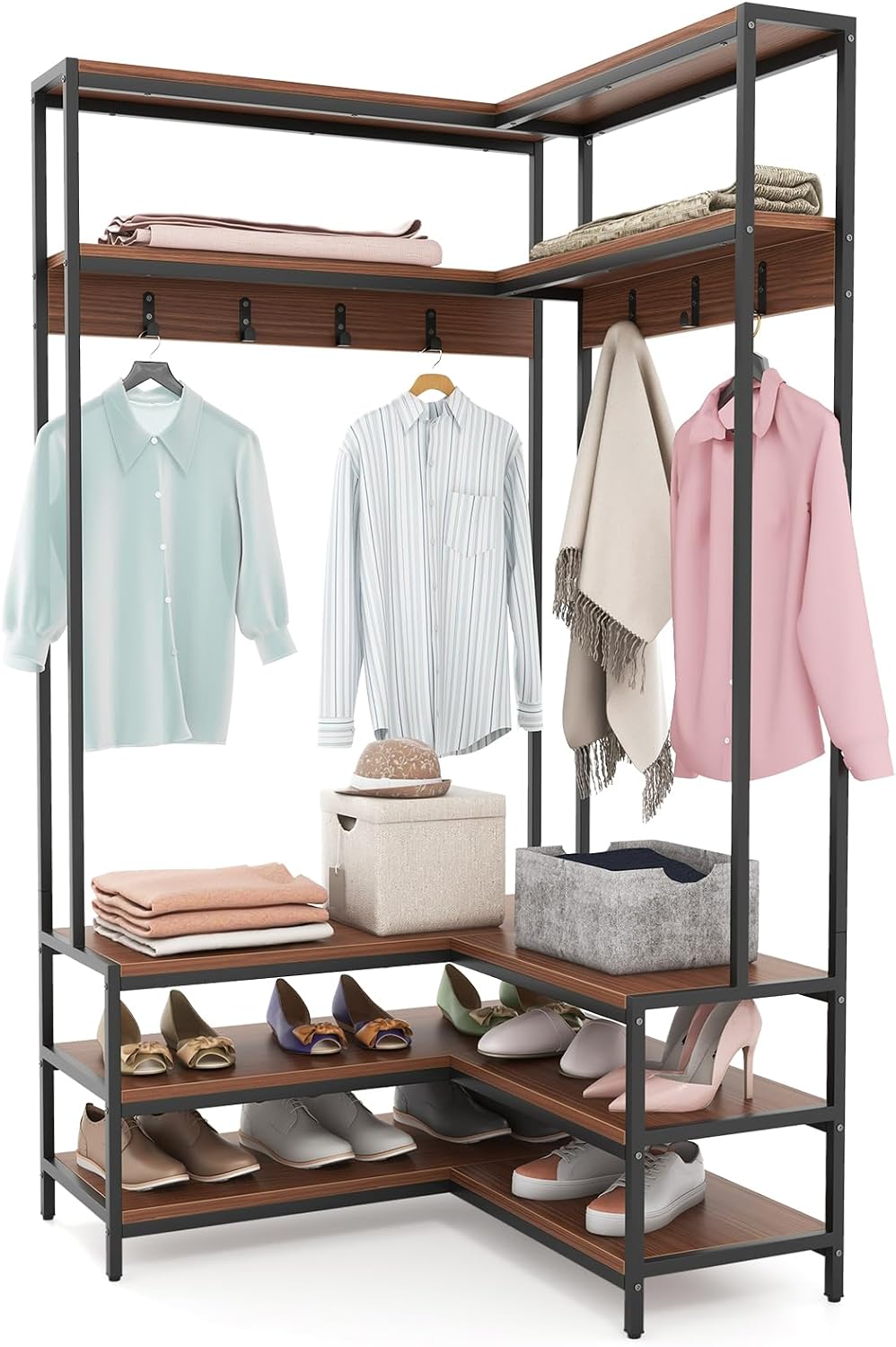 Giantex Corner Coat Rack with Shoe Bench, L-Shaped Garment Rack with 5 Shelves & 7 Hooks, Heavy Duty Freestanding Clothes Racks Entryway Bench with Shoes Organizer for Hallway (Walnut & Black)