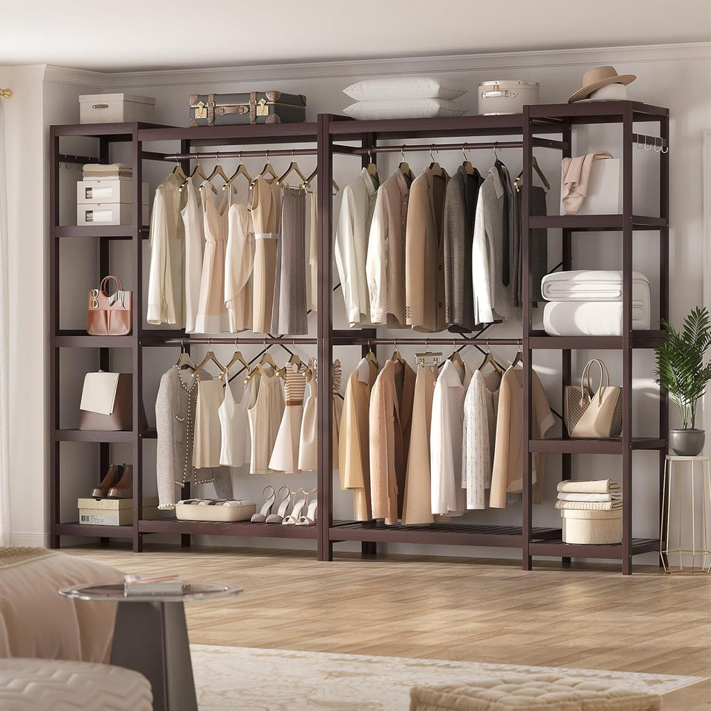 Homykic Bamboo Closet System, Heavy Duty Clothing Rack for Hanging Clothes, Freestanding Clothes Rack with 7 Adjustable Shelves & Rods, 4 Hooks, Open Wardrobe Closet Organizer Garment Rack, Espresso