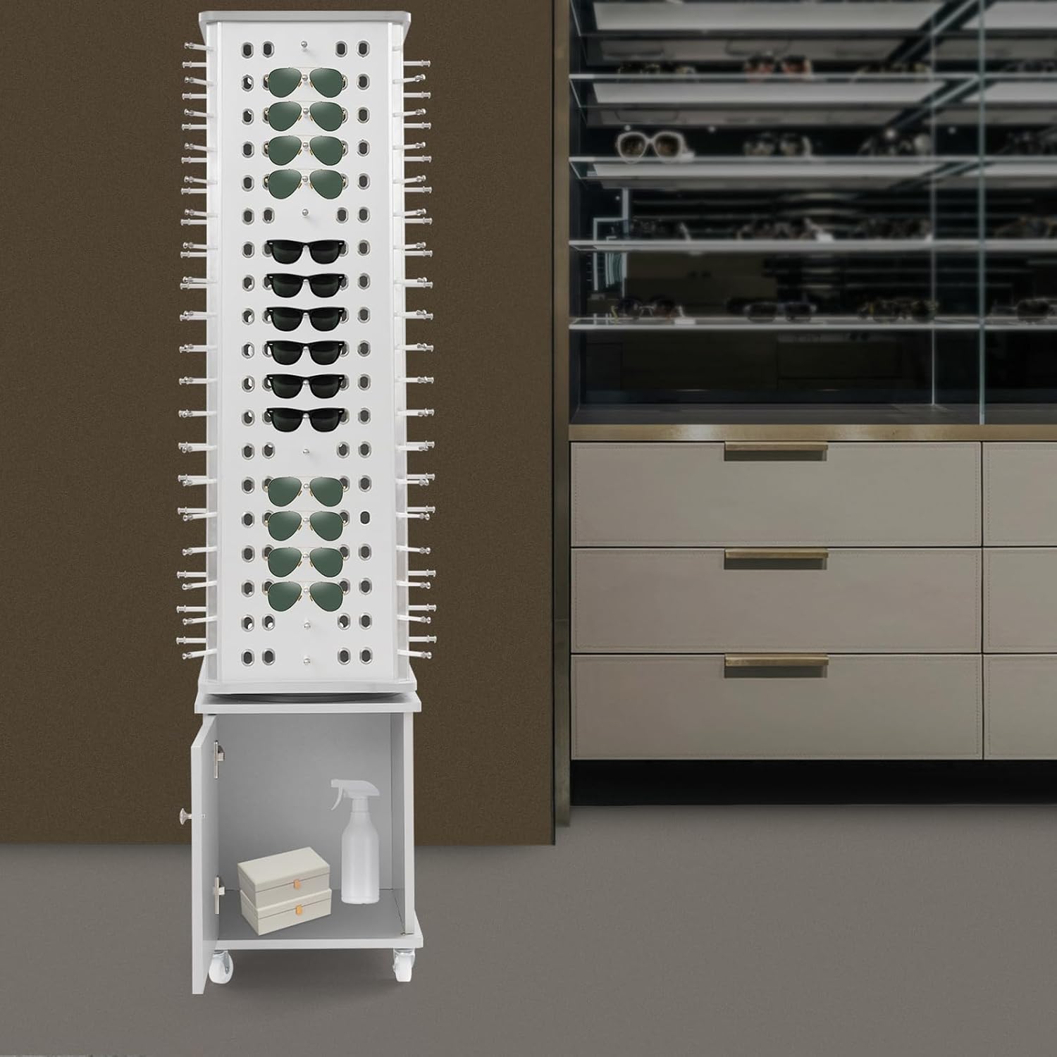Glasses Storage Display Stand 152 pairs, 360° Rotating Floor-standing Sunglasses Display Rack with 4 Wheels, Commercial Modern Eyewear Storage Organizer, for Retail Shop