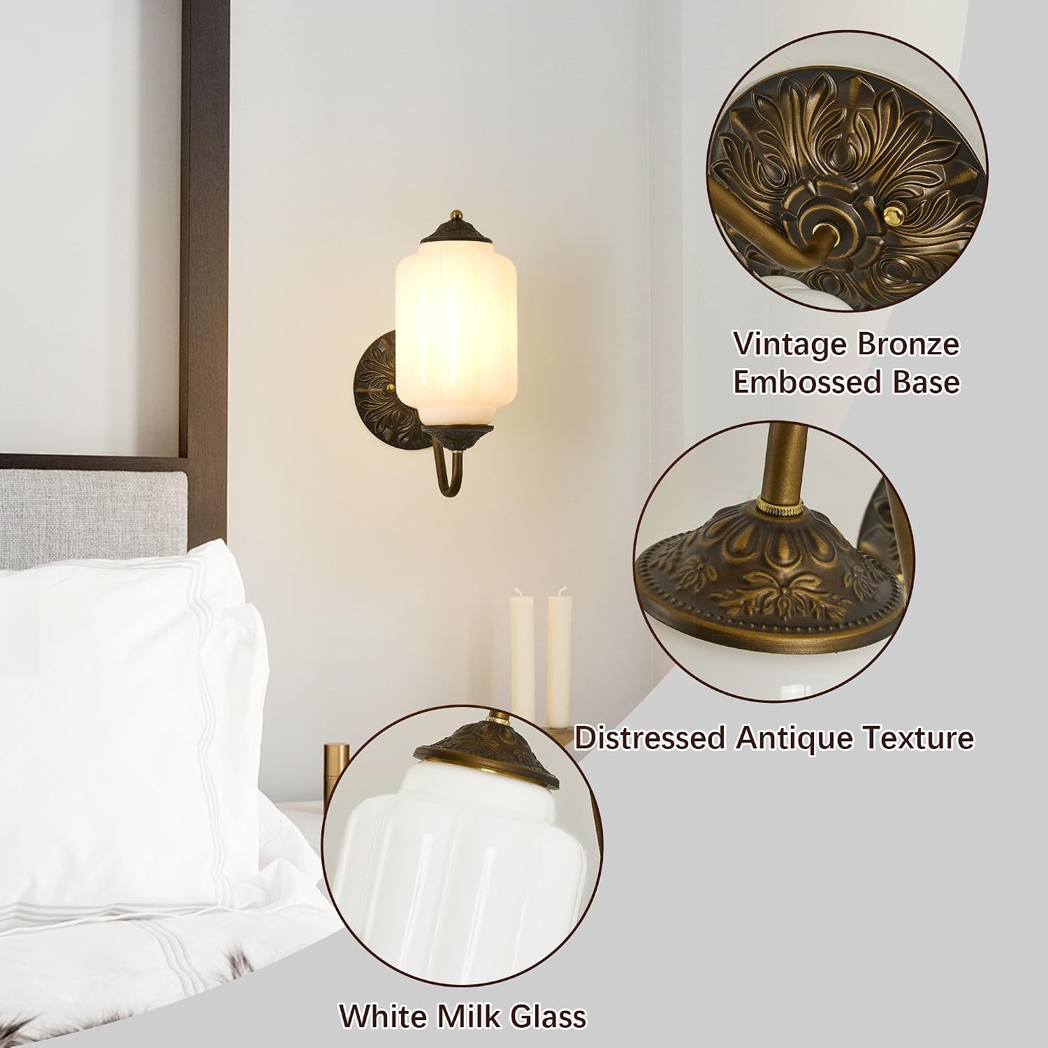 Vintage Milk Glass Wall Sconce - Set of 2 White Dimmable Wall Mount Lighting with Bulbs - Antique Brass Gold Sconces - Mid Century Vanity Light Fixture for Bathroom Bedroom Living Room Hallway Decor
