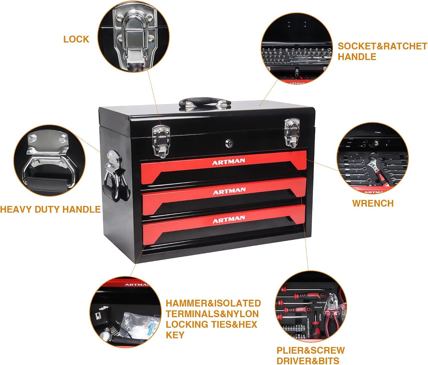 Four layer steel strip, 439 parts and 3 drawer toolboxes, upgraded metal lock safety, practical storage tray to meet the needs of mechanical processing and maintenance