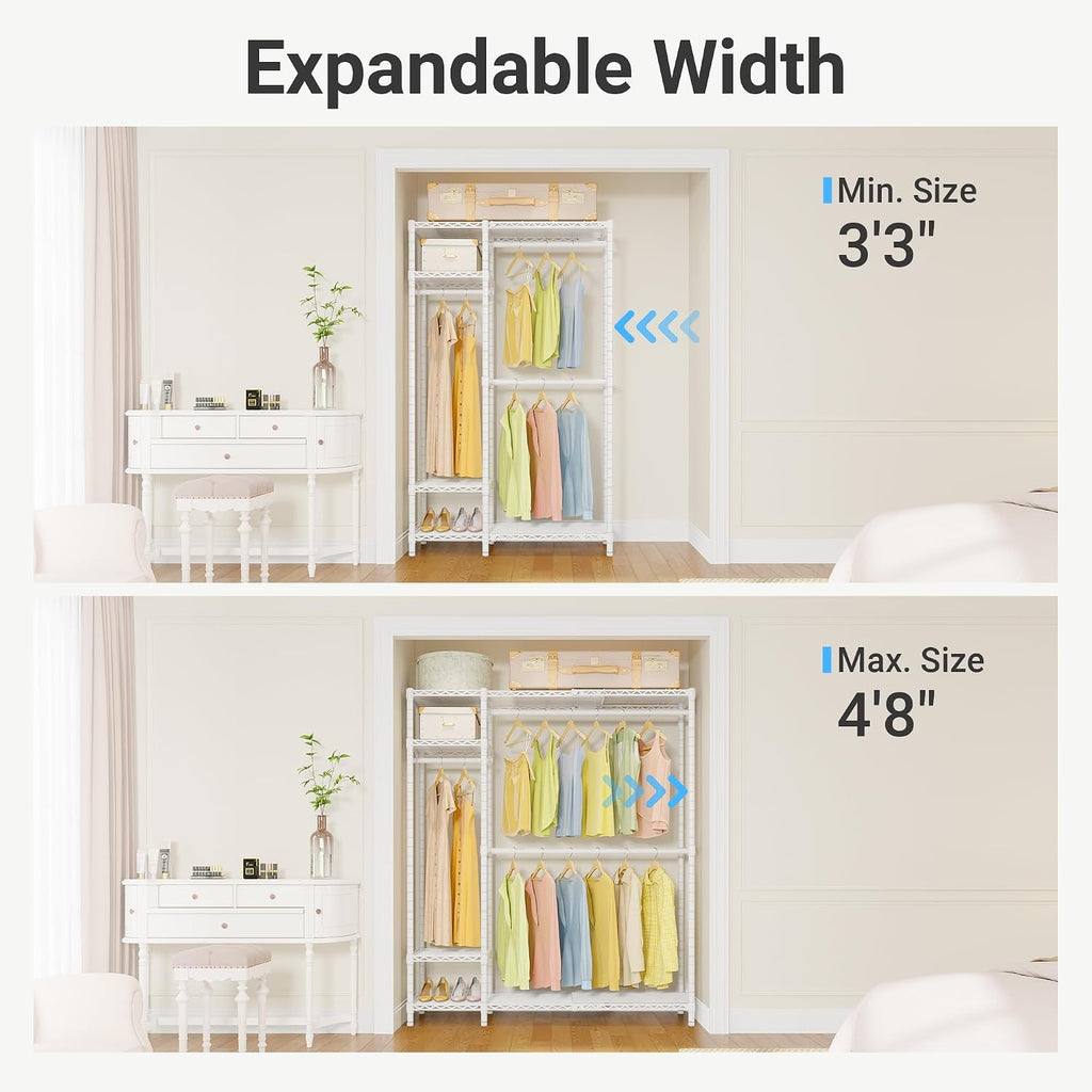 VIPEK X20 Expandable Metal Clothing Rack Adjustable from 3'3' to 4'8' Heavy Duty Garment Racks with Adjustable Shelves and Hanger Rods Portable Wardrobe Open Closet Rack System, White