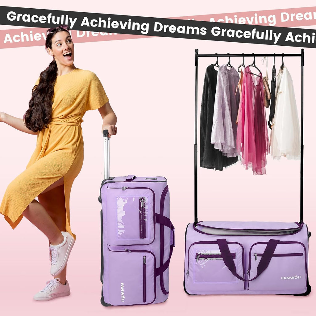 Fanwoli 23' Dance Bag with Garment Rack | Upgraded Stable System & Fabric | More Lightweight & Wear-Resistant | Ideal Competition Duffle Bag for Dancers Livestreamer Athletes