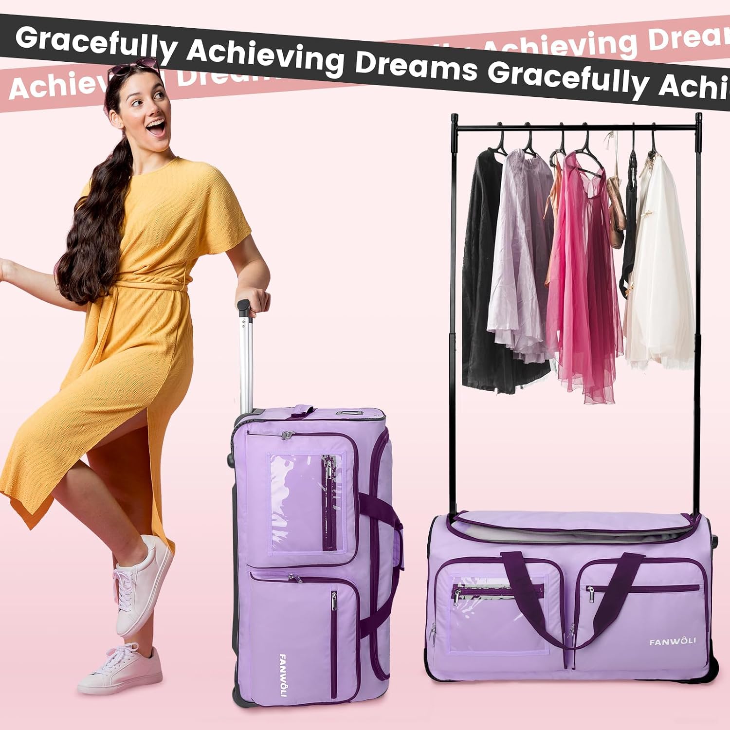 Fanwoli 23' Dance Bag with Garment Rack | Upgraded Stable System & Fabric | More Lightweight & Wear-Resistant | Ideal Competition Duffle Bag for Dancers Livestreamer Athletes
