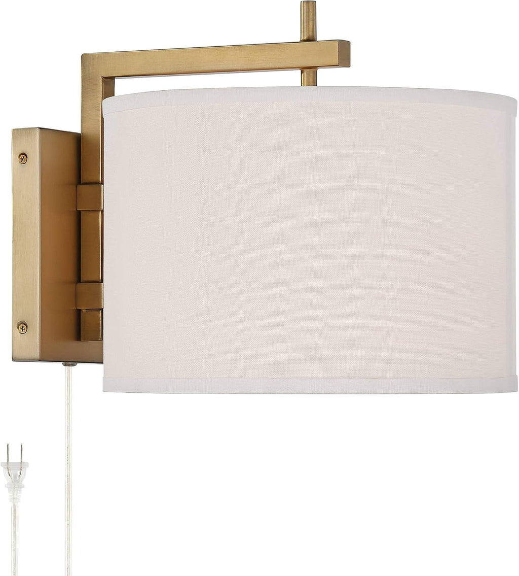 360 Lighting Adair Mid Century Modern Wall Mounted Lamp Warm Brass Metal Plug-in Light Fixture White Linen Drum Shade Bedroom Bedside House Reading Living Room Home Hallway Dining Kitchen