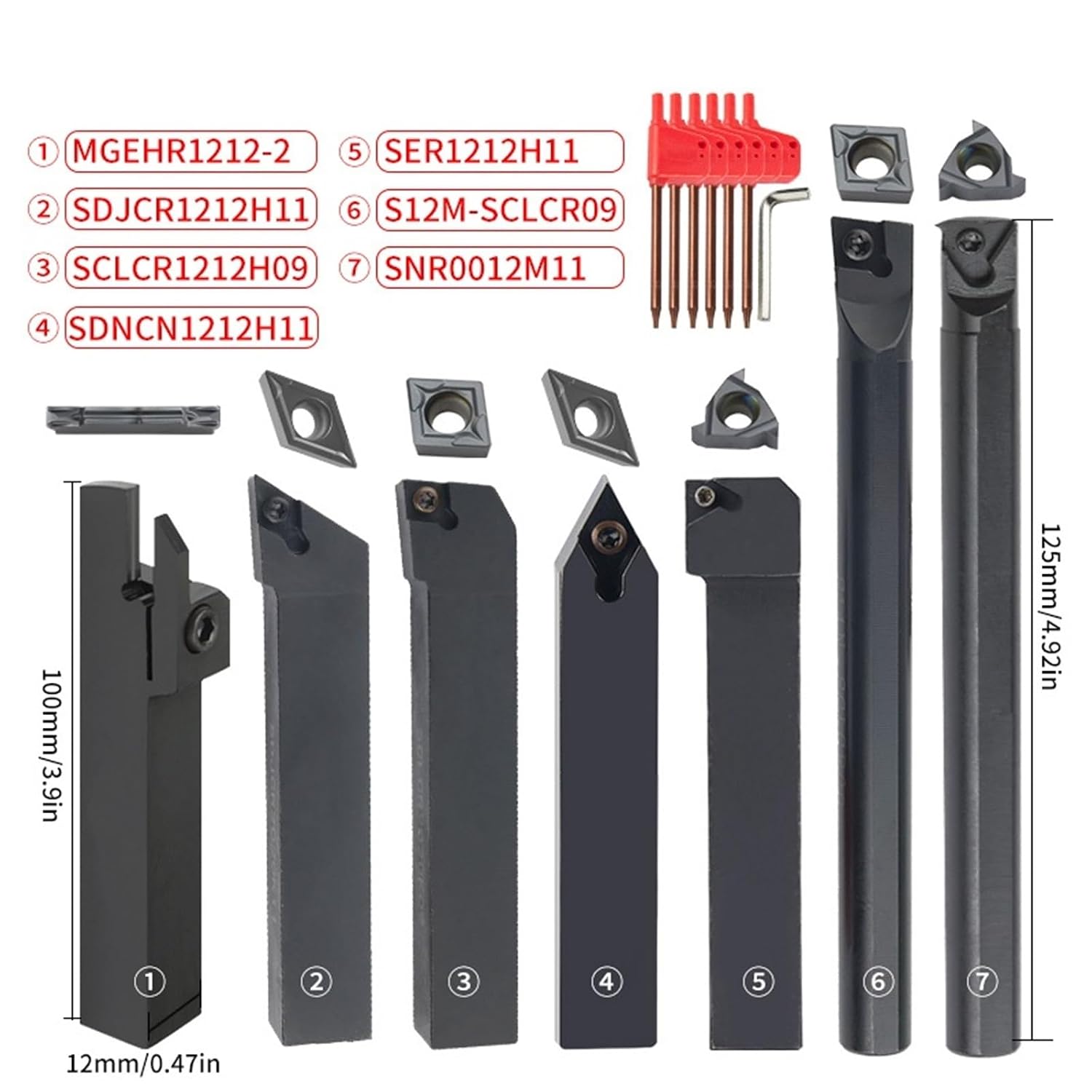 10/12/16MM Turning Tool Sets MGEHR SDJCR SDNCN SCLCR SER SNR Lathe Boring Bar with 7PCS Carbide Insert CNC Cutting Holder(12MM Set 1)