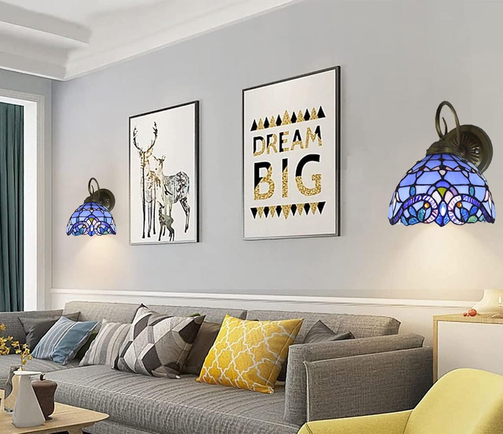 Tiffany Wall Lamp Sconce Light Fixtures Set of Two, Wall Amout Lamp, 8 in Hand-Made Baroque Stained Glass Shade LED Wall Lights for Bedroom Living Room Hallway Kitchen,Blue,2PCS