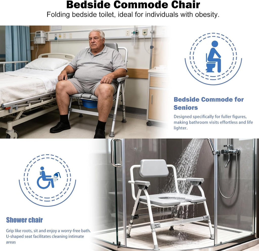Heavy-Duty Large Bone Bedside Commode, 800lbs Weight Capacity & Extra-Wide Padded Seat, Adjustable Height Folding Toilet Chair for Seniors,Disabled, Patient Home Care