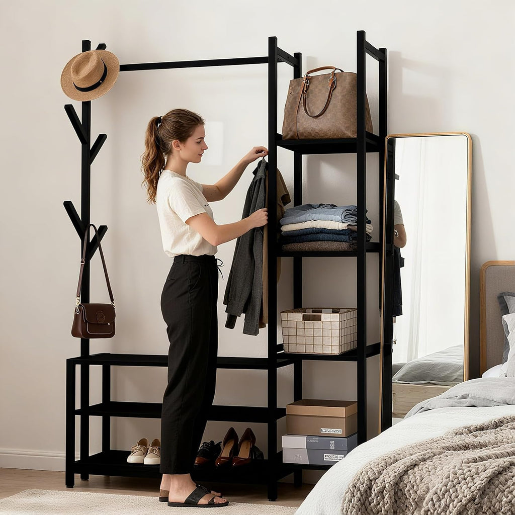 4 in 1 Freestanding Closet Organizer with Clothes Rack & Shoes Rack & 5 Side Shelves, Heavy Duty Wood Clothing Rack for Hanging Clothes, Multi-functional Wardrobe Closet for Entryway/Bedroom- Back