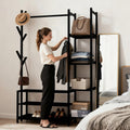 4 in 1 Freestanding Closet Organizer with Clothes Rack & Shoes Rack & 5 Side Shelves, Heavy Duty Wood Clothing Rack for Hanging Clothes, Multi-functional Wardrobe Closet for Entryway/Bedroom- Back