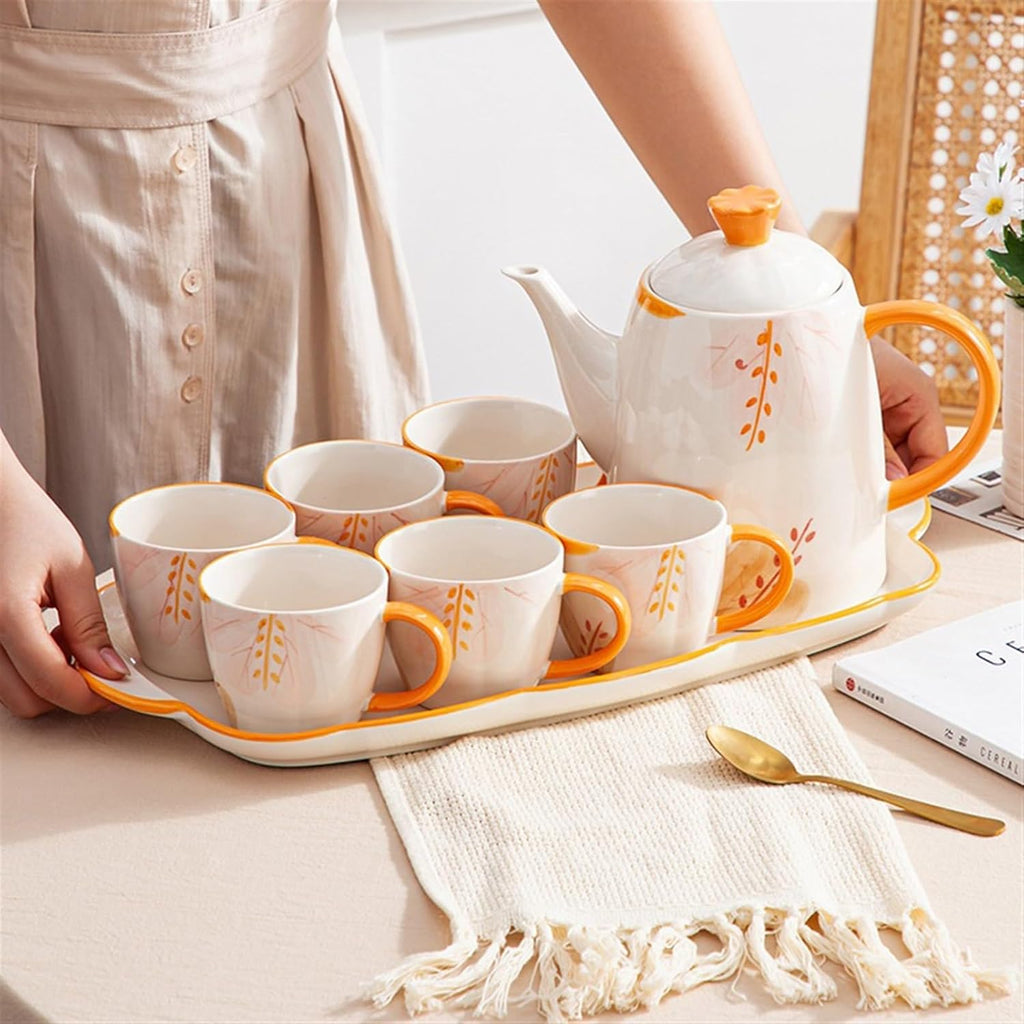 Beverage Serveware Household cold kettle, essential ceramic tea set for home, 8-piece set, creative floral tea set, souvenir gift Water Carafe
