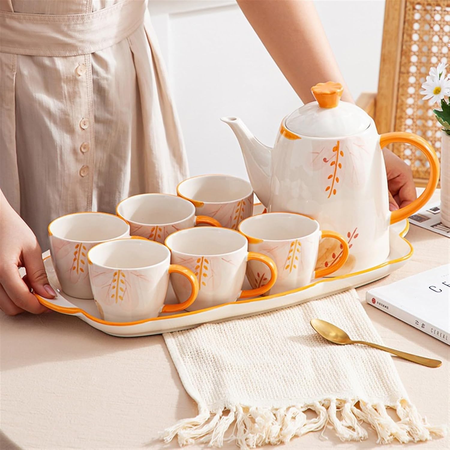 Beverage Serveware Household cold kettle, essential ceramic tea set for home, 8-piece set, creative floral tea set, souvenir gift Water Carafe