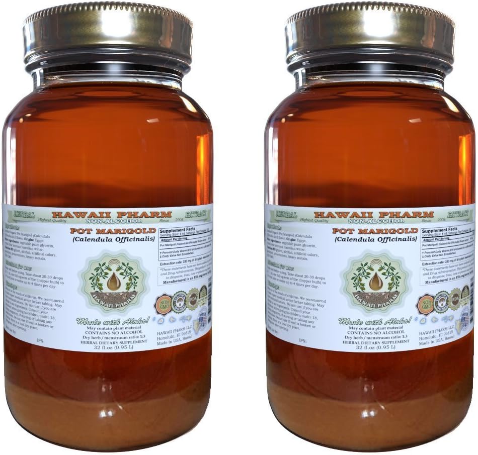 Hawaii Pharm Pot Marigold Alcohol-Free Liquid Extract, Pot Marigold (Calendula Officinalis) Dried Flower Glycerite Natural Herbal Supplement 2x32 fl.oz