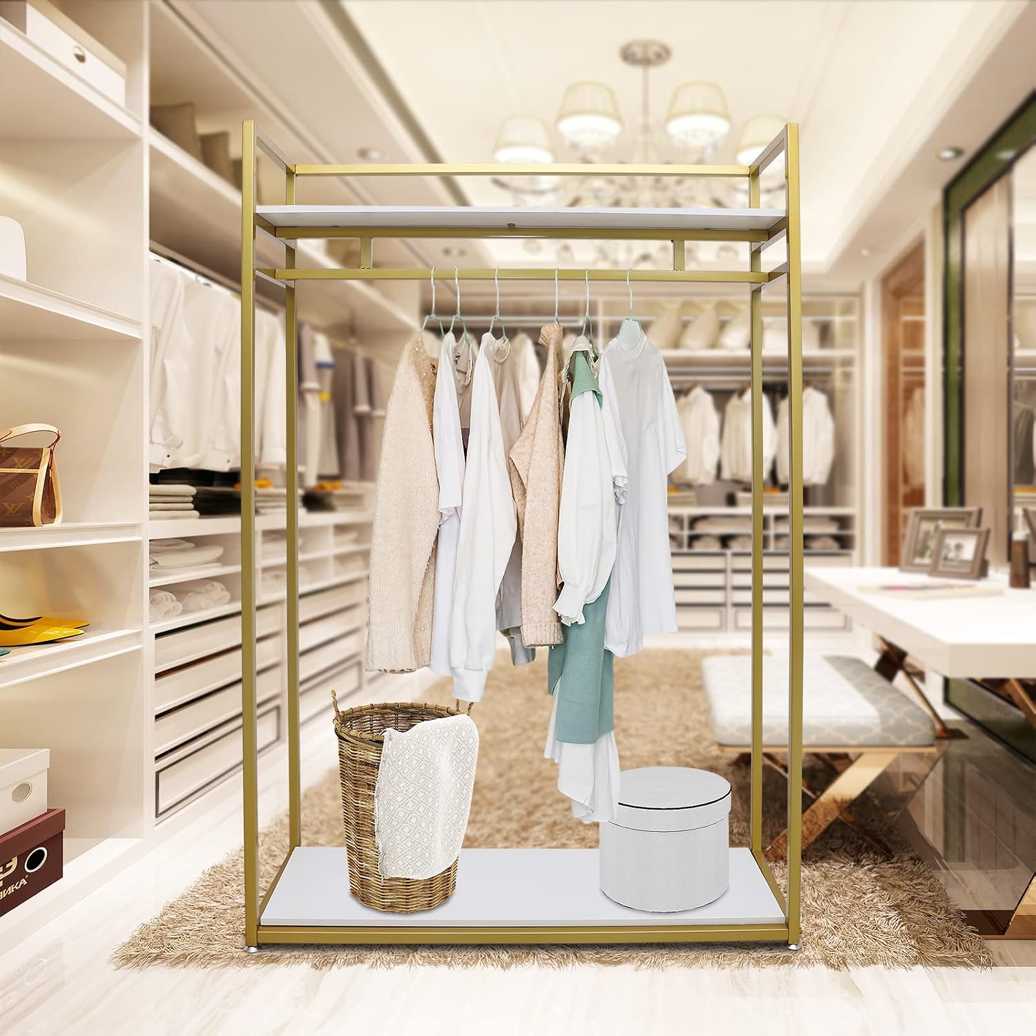Heavy Duty Clothing Rack with Wood Shelf,Clothes Rack,Freestanding Garment Rack for Home Boutique Retail Display,Gold