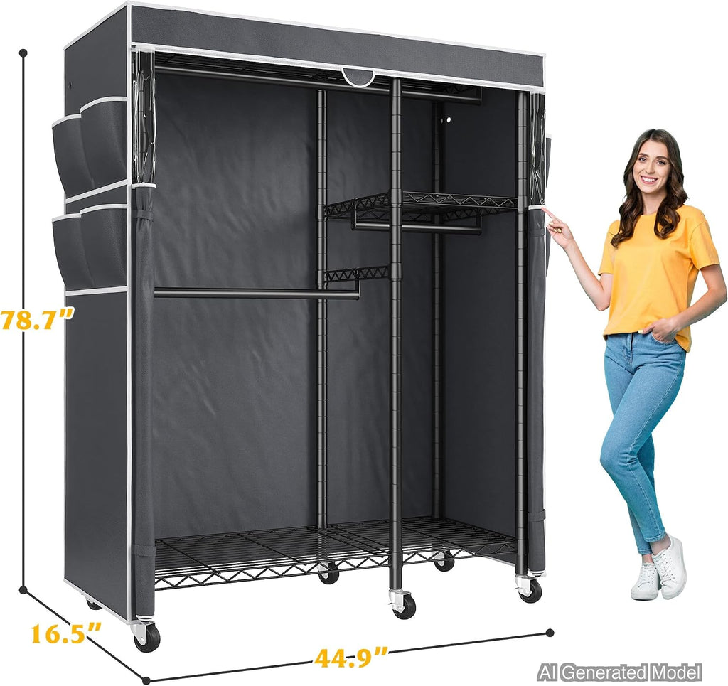 Raybee Rolling Clothes Rack with Cover, Clothing Racks for Hanging Clothes, Heavy Duty Portable Closet with Wheels, Garment Rack for Bedroom, Quick Assembly, Black