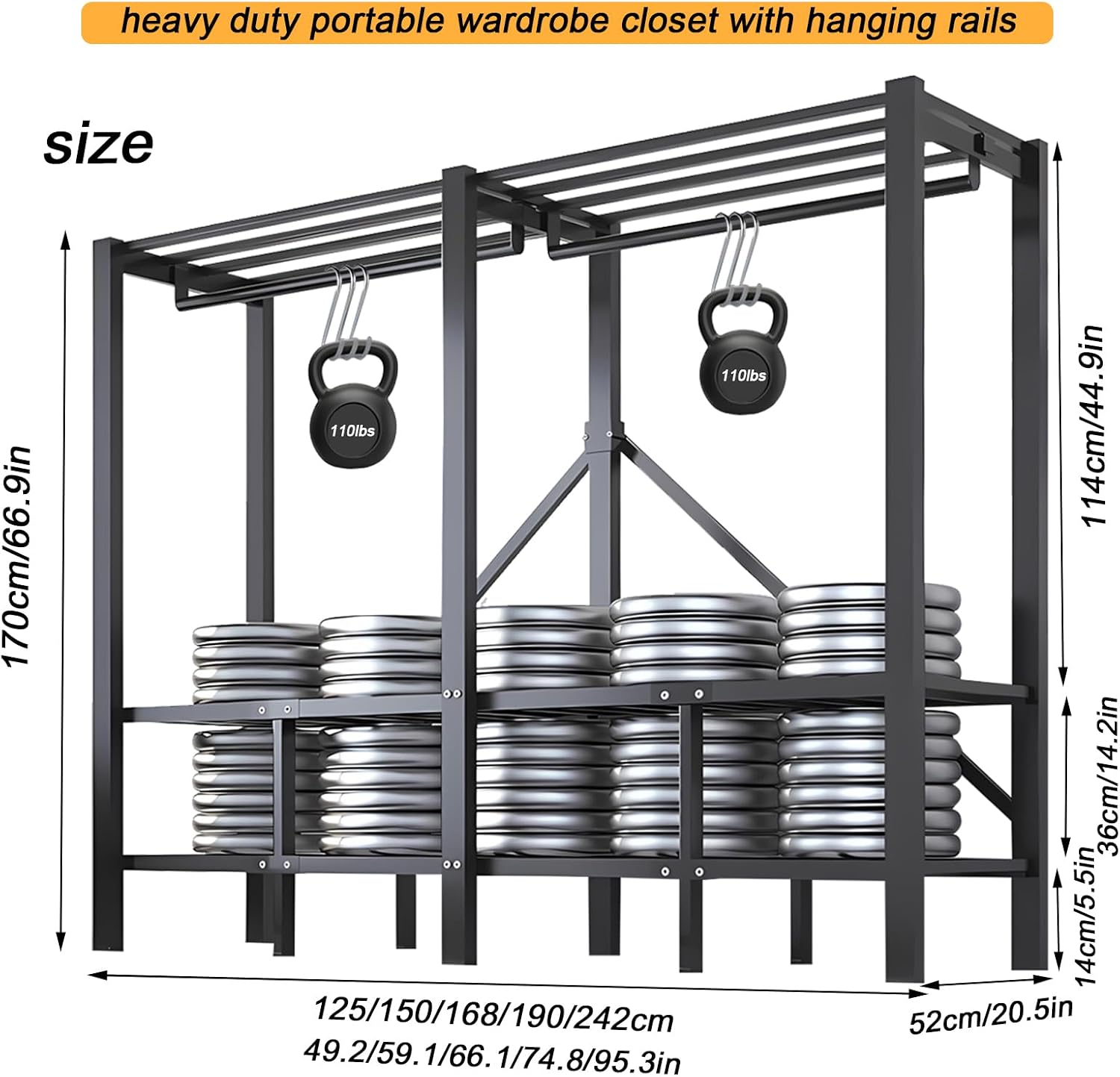 49.2in Foldable Portable Wardrobe with Magnetic Door Large Heavy Duty Rolling Covered Clothes Rack Folding Closet on Wheels Metal Garment Rack for Hanging Clothes (B,Black Door, 125cm/49.2in)