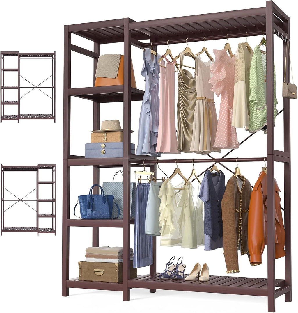 Homykic Bamboo Clothes Rack Garment Rack for Hanging Clothes, Heavy Duty Clothing Rack with 7 Tiers Adjustable Shelves, Double Rods, 4 Hooks, Freestanding Closet System Organizer Wardrobe, Espresso