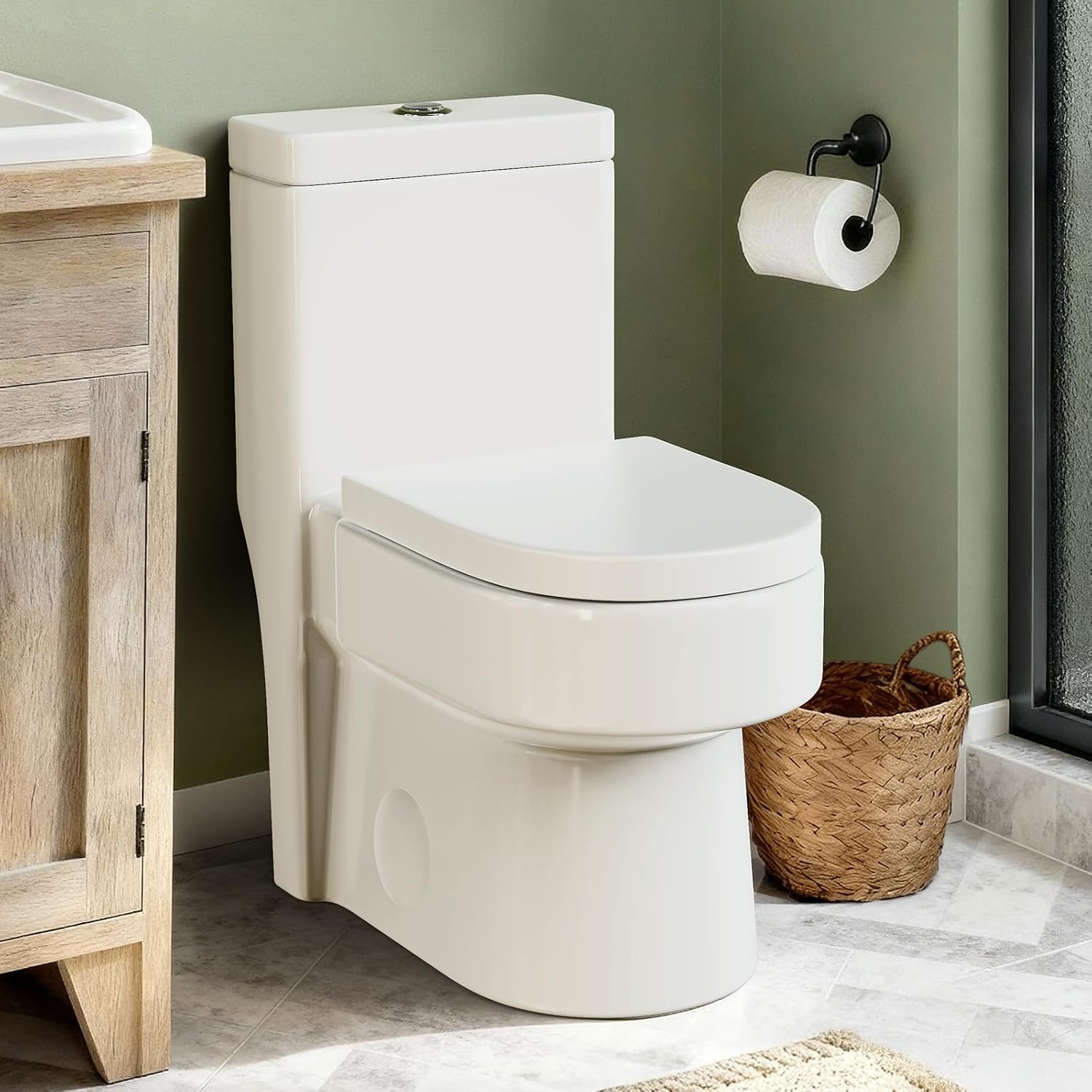 Compact One Piece Toilet with Soft-close Seat Lid, Power Dual Flush 1.2/1.85 GPF, Modern Standard White Toilet Bowl, Water Saving Toilet For Bathroom, 12'' Rough-in,Dirt-resistant Glazed