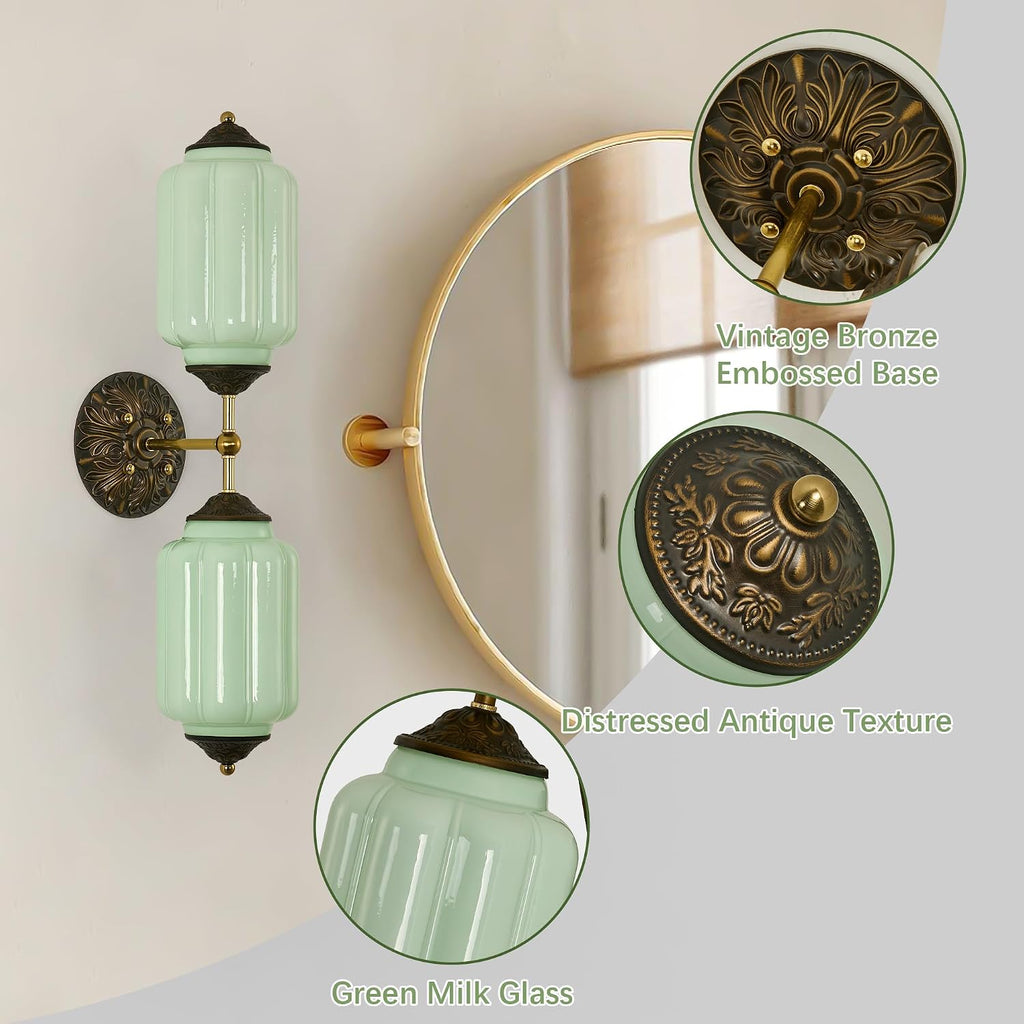 Vintage Milk Glass Bathroom Vanity Light - 25' Green Dimmable Wall Sconce with Bulb - Mid Century Vertical or Horizontal Mounted Sconces - Modern Brass Gold Lighting Fixture for Indoor Bedroom Hallway