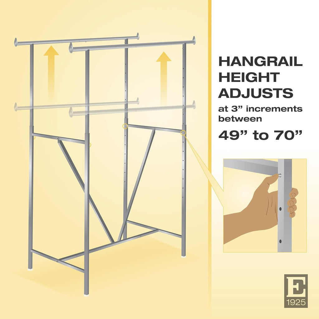 Econoco Adjustable Double Bar Clothing Rack, Heavy Duty Chrome Retail Garment Rack, 60in Hangrail, Commercial Display