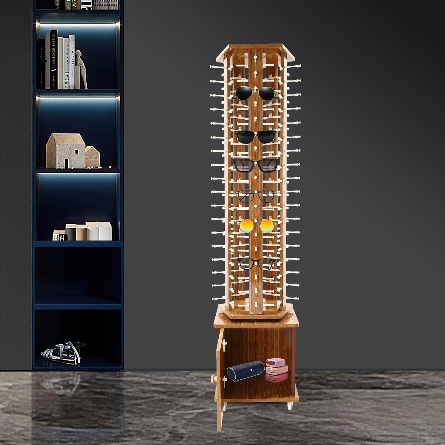 108 Pairs Wood Sunglass Display Rack with 4 Swivel Wheels, Floor-Standing Eyewear Storage Organizer, Commercial Glasses Hanging Rack (Dark Brown)