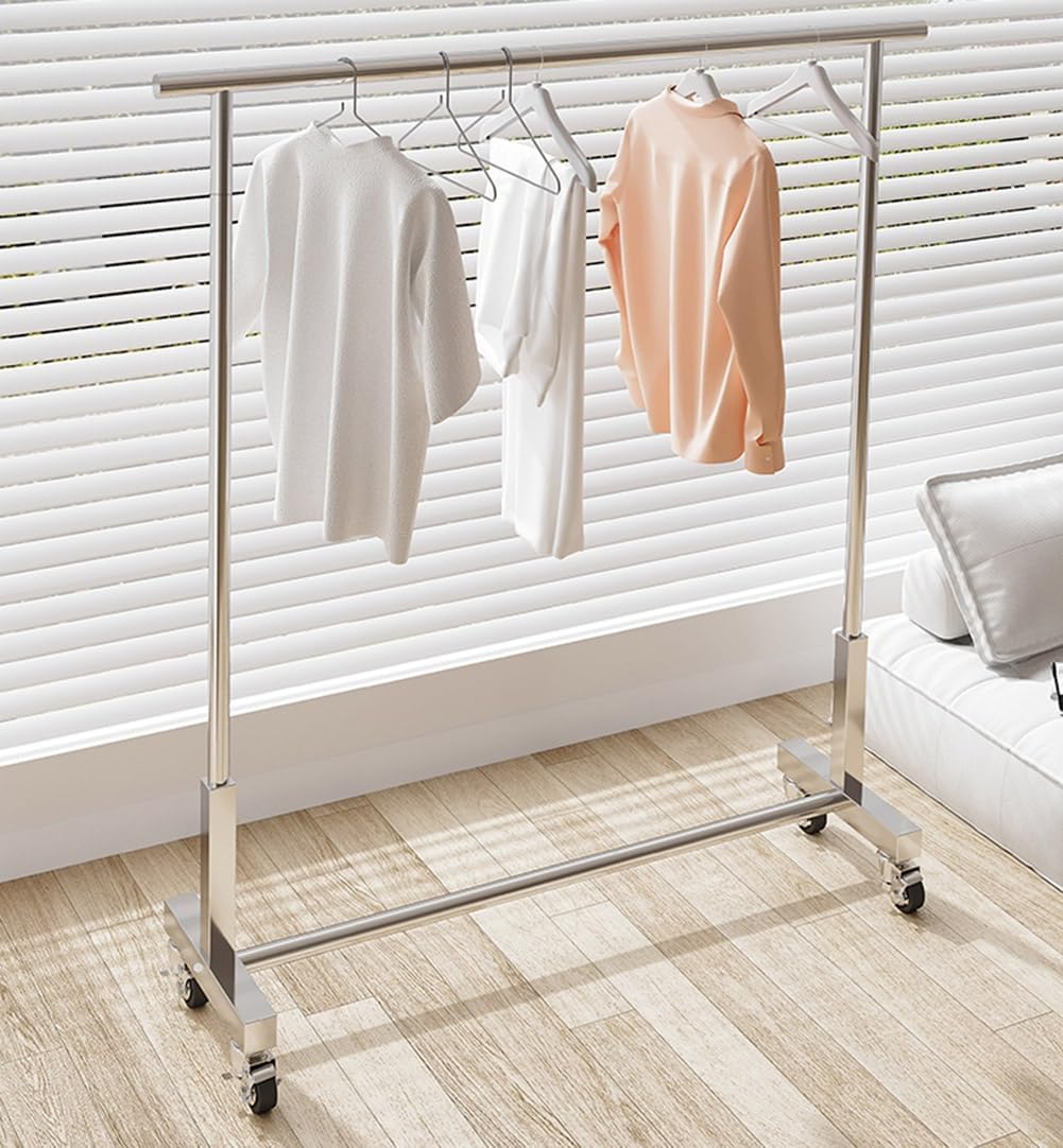 Heavy Duty Rolling Clothes Rack with Wheels - Steel Garment Rack for Hanging Clothes - Portable Clothes Organizer for Bedroom & Laundry Room - Silver, 60x40x130cm