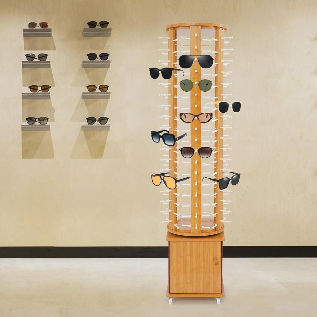 Sunglasses Display Rack, 108 Pairs Glasses Rack, 360° Rotating Eyeglasses Storage Organizer, Floor-standing Eyewear Holder, Glasses Display Stand with Storage Cabinet & Wheels, Wood Color