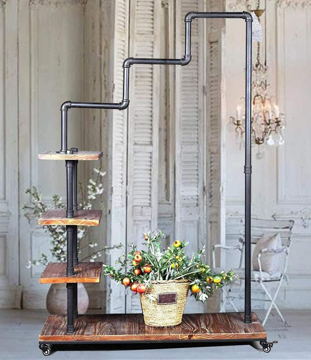 Industrial Pipe Clothing Rack 4 Layers Pine Wood Shelving Shoes Rack With Wheels Cloth Hanger Household Shoe Rack Pipe Shelf Garment Racks
