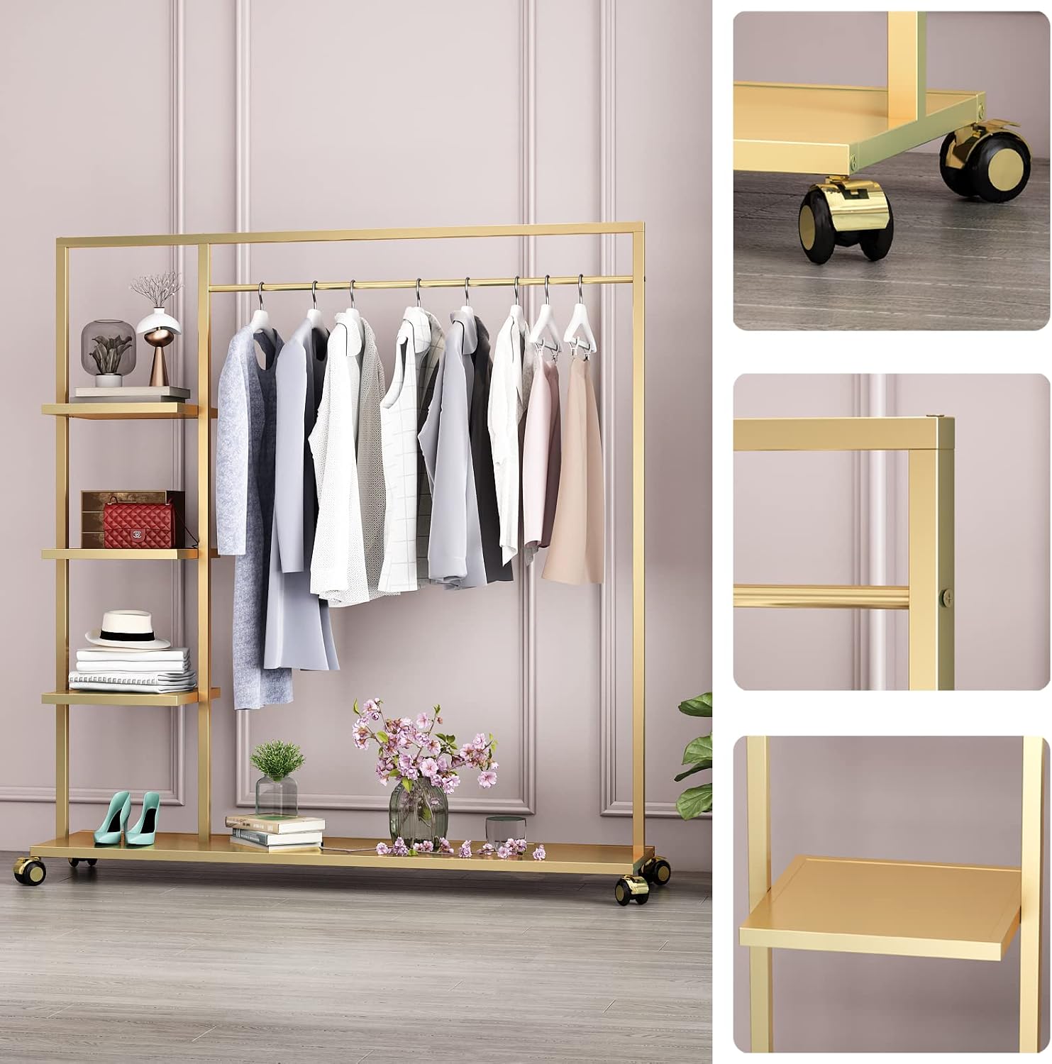 Gold Clothing Racks with Shelf, Boutiques Retail Display Gold Clothes Rack, Multiple Uses Heavy Duty Garment Rack for Hanging Rods for Home and Retail
