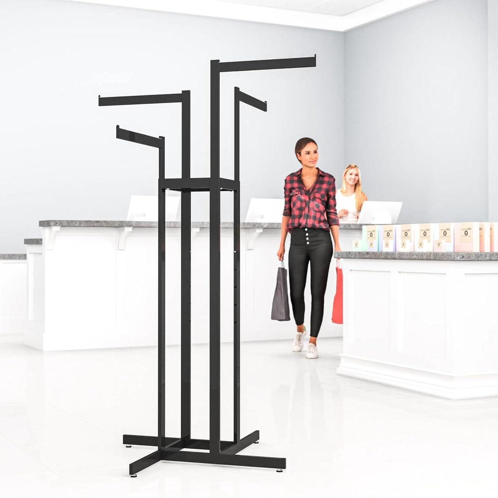 Clothing Rack – Black 4 Way Rack, Adjustable Height Arms, Blade Arms, Square Tubing, Perfect for Clothing Store Display With 4 Straight Arms
