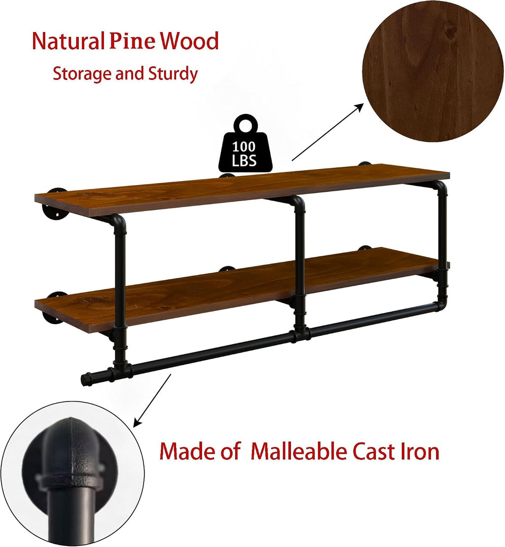 Wall Mounted Clothes Rack 12 Inch Deep, 42 Inch Heavy Duty Garment Rack with Real Walnut Wood Shelf, Multi-Purpose Hanging Rod & Space-Saving Closet Storage Organizer