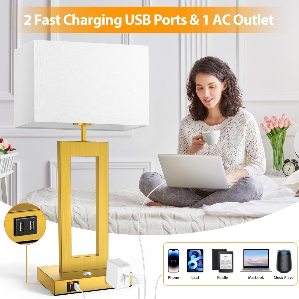 Table Lamps for Bedrooms Set of 2, 27.2'' Super Tall Modern Gold Lamps for Living Room Nightstand End Tables, Button Touch Control Bedside Lamps with 2 USB Ports, 3 Color Temp. E26 Bulbs Included