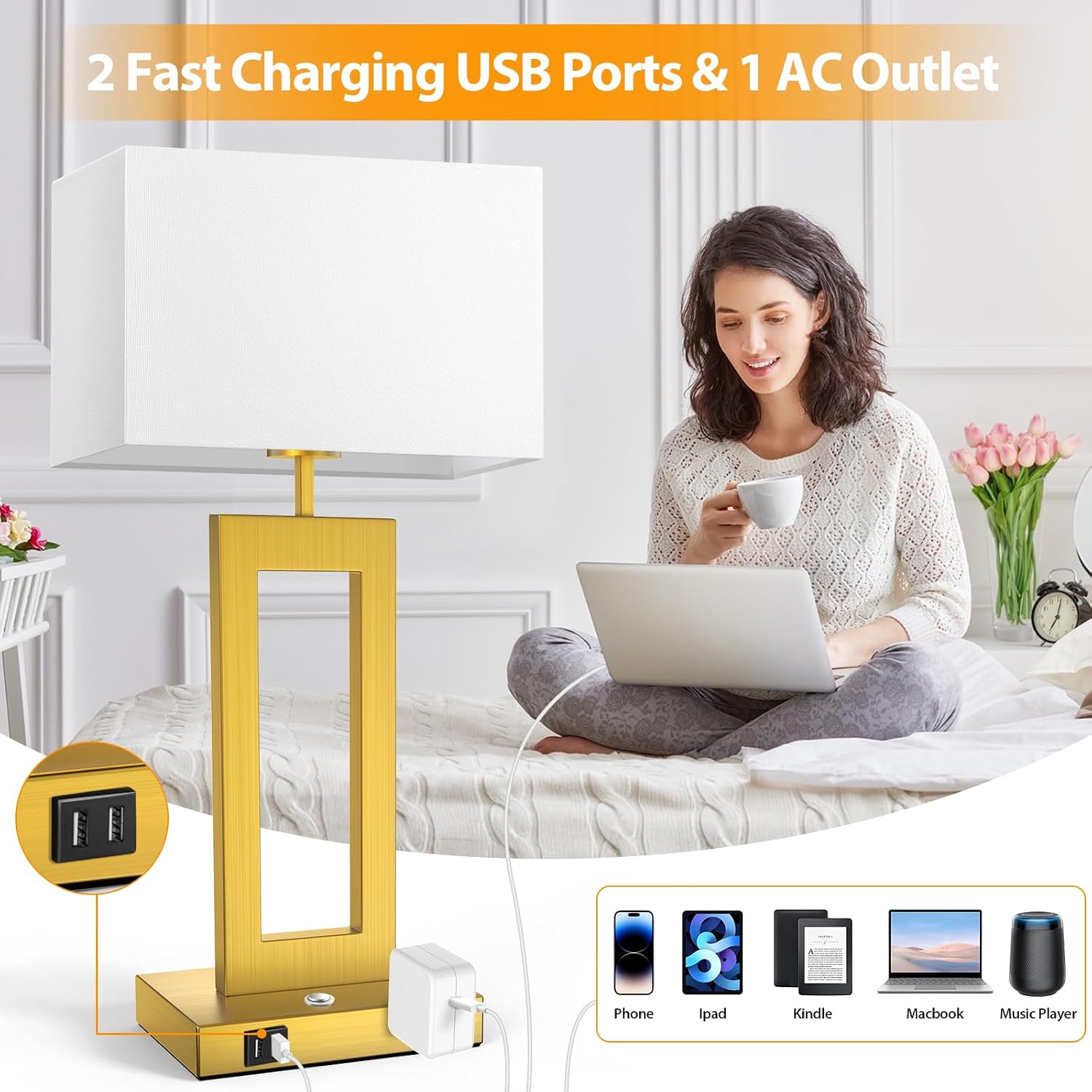 Table Lamps for Bedrooms Set of 2, 27.2'' Super Tall Modern Gold Lamps for Living Room Nightstand End Tables, Button Touch Control Bedside Lamps with 2 USB Ports, 3 Color Temp. E26 Bulbs Included