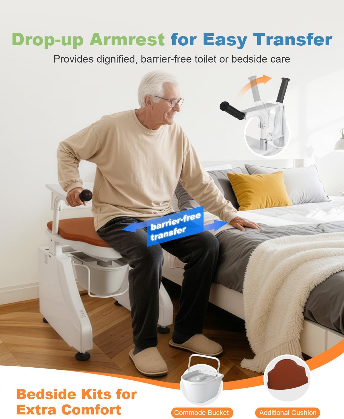 Electric Toilet Seat Lift, 3-in-1 Commode Chair Riser with Backrest, Removable Bucket & Foldable Armrest for Easy Transfer | 440 LBS Heavy-Duty, Mobility Aids for Seniors & Disabled