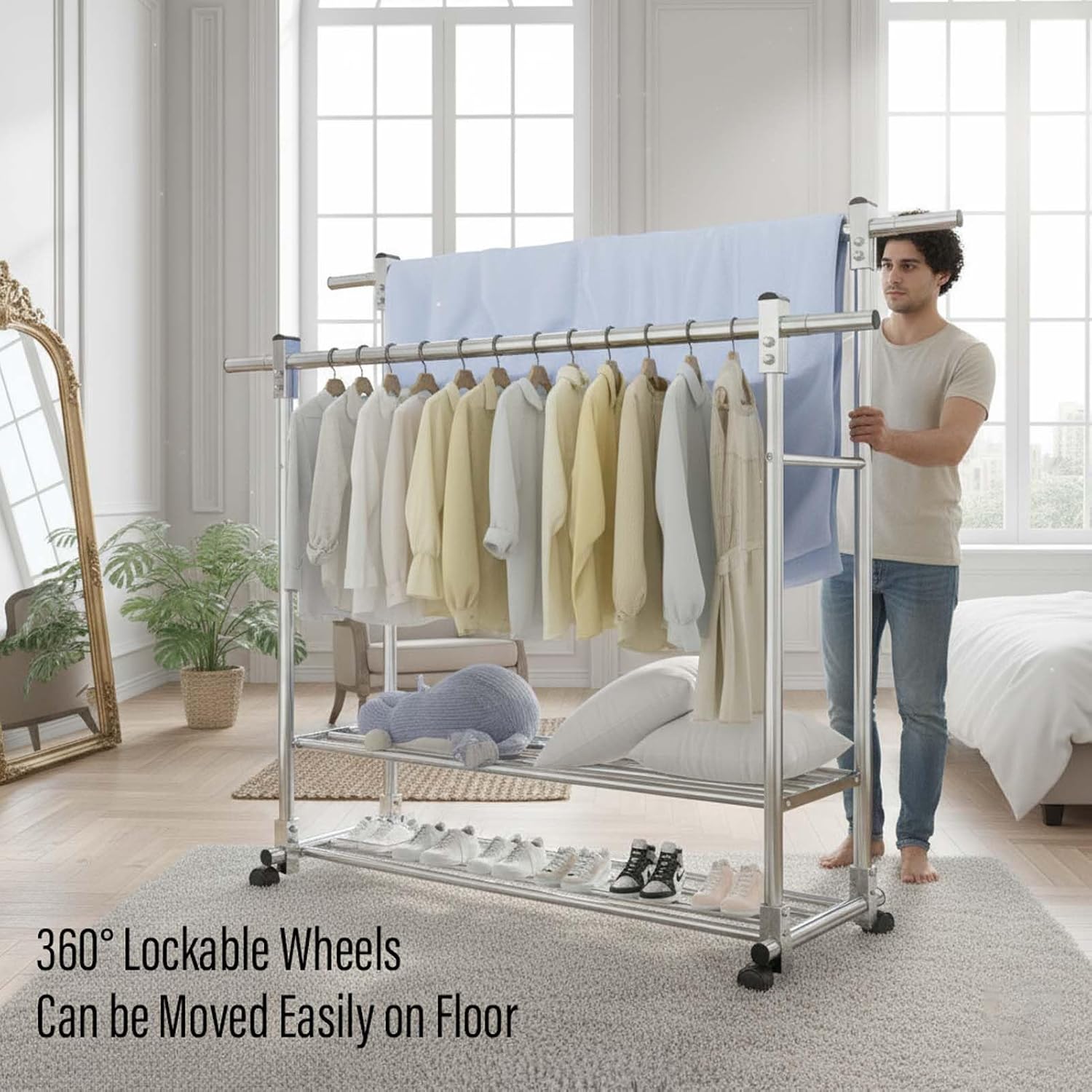 YSUEFIJO Stainless Steel Clothes Drying Rack with Wheels, Double Rods Extendable Laundry Hanger, Mobile Telescopic Garment Rack, Indoor Outdoor Folding Laundry Stand