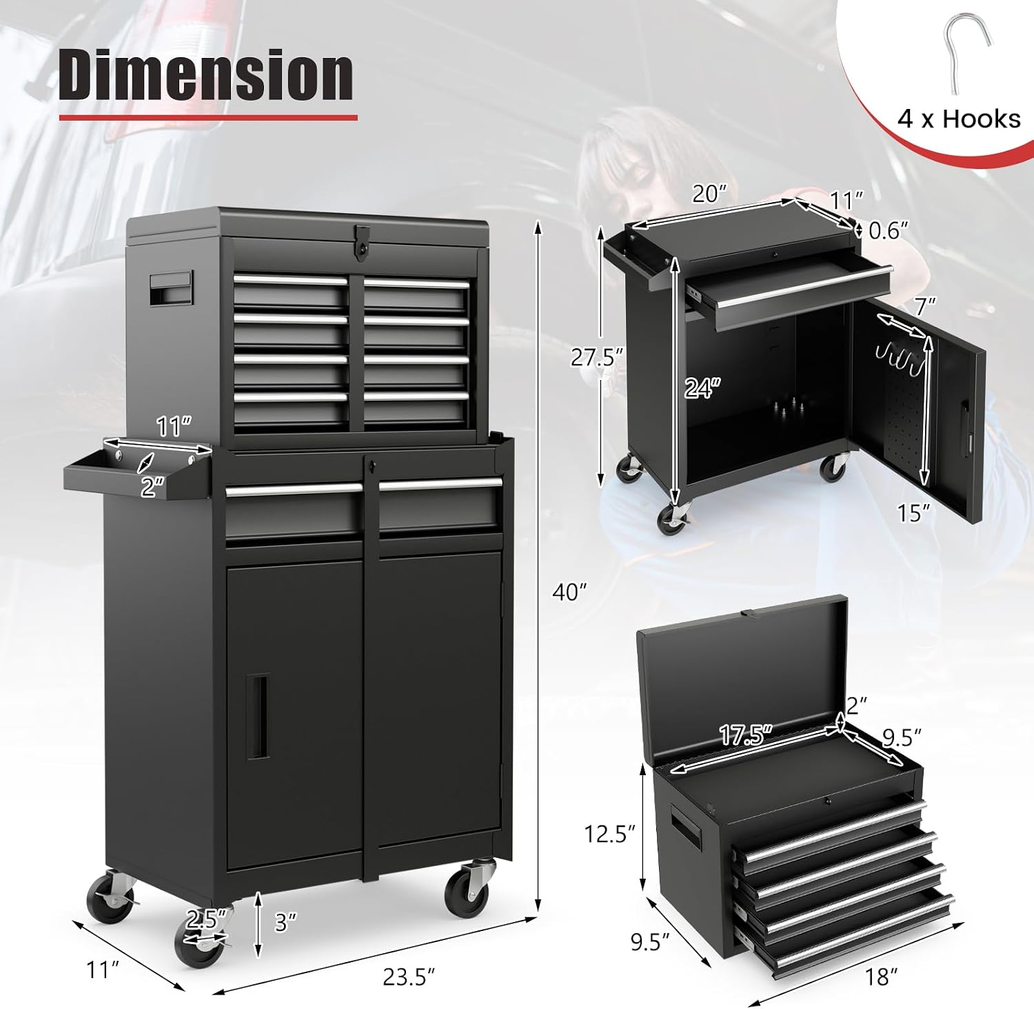 IRONMAX 5-Drawer Rolling Tool Chest, 2-in-1 Detachable Heavy Duty Tool Box Storage Cabinet with Auto Lock, Adjustable Shelf & Hooks, Metal Toolbox on Wheels for Garage Workshop (Black)