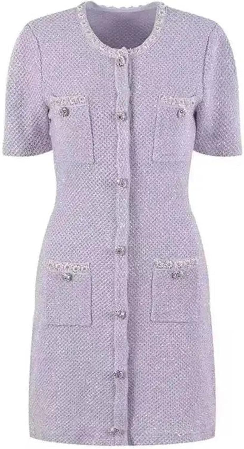 Pegsmio Women's Crystal Knitted Dresses Summer Holiday Single Breasted Pearl Sequins Flower Pencil Evening Party Dress