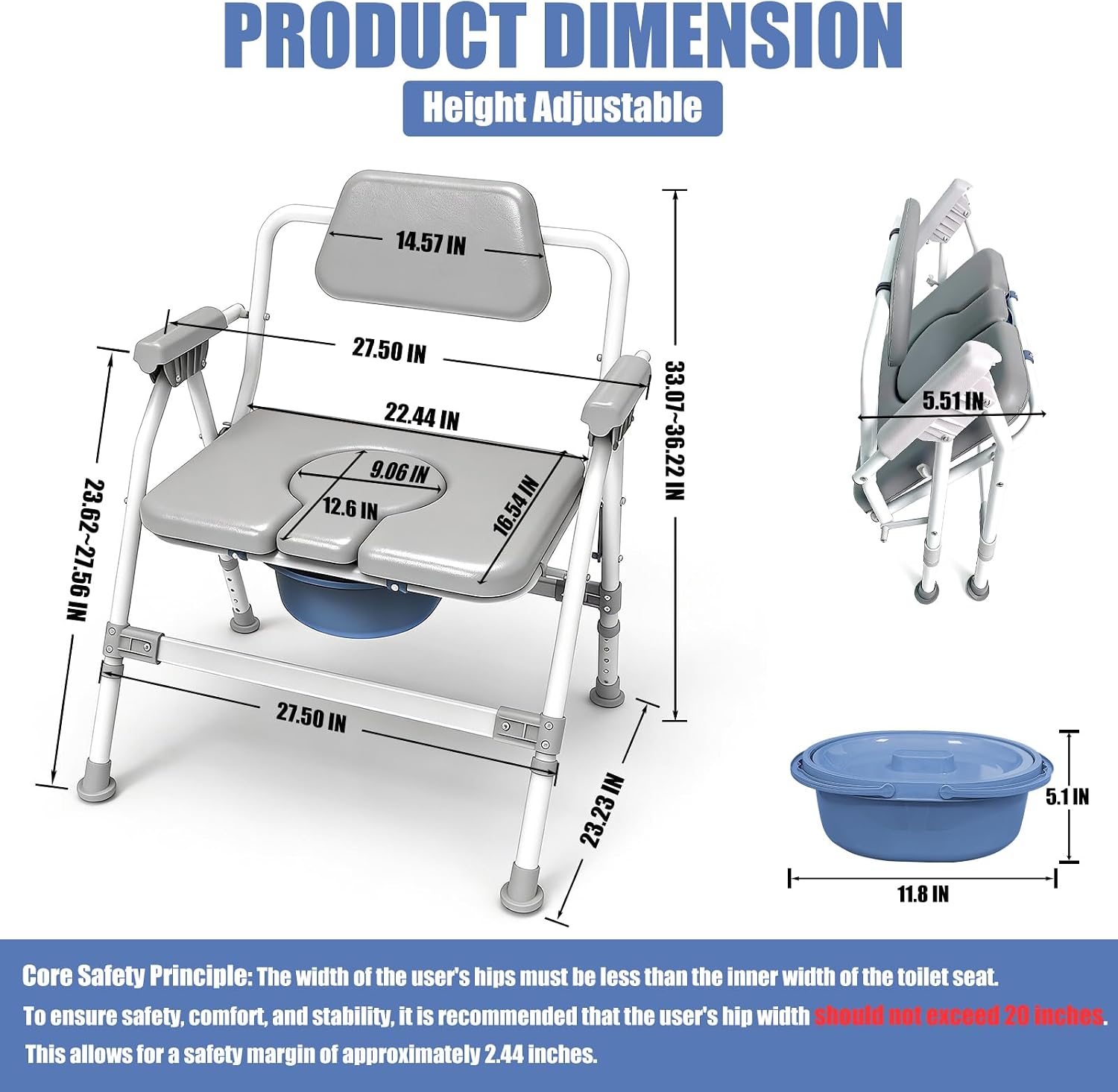 Heavy-Duty Large Bone Bedside Commode, 800lbs Weight Capacity & Extra-Wide Padded Seat, Adjustable Height Folding Toilet Chair for Seniors,Disabled, Patient Home Care