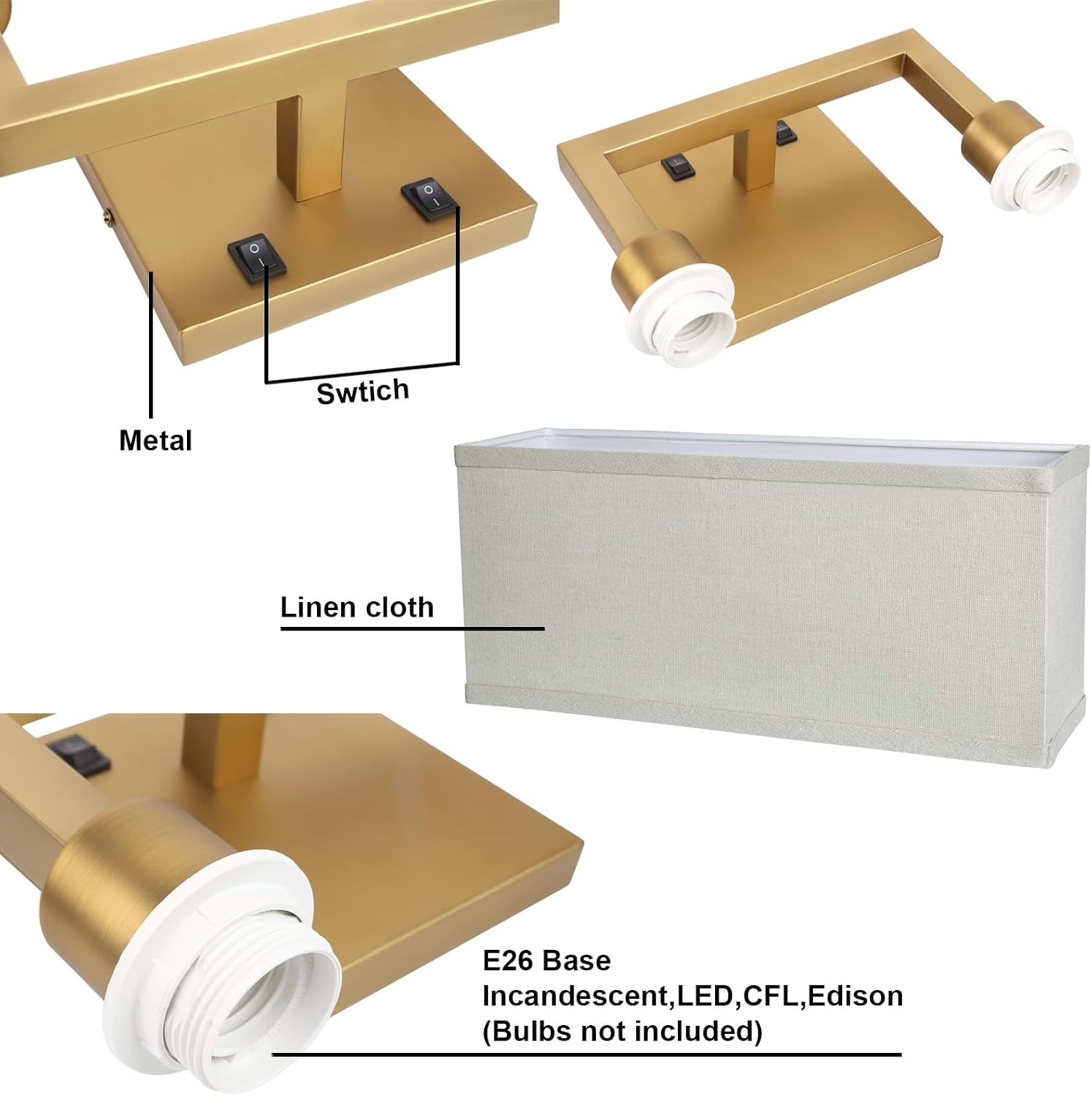 Yosoan Set of 2 Linen Fabric Boho Wall Sconce Bedside Light with On Off Switch, 2-Light Brass Hardwired Vintage Industrial Dual Wall Mount Lamp Square Shade for Bedroom Living Room Stairwell(Antique)
