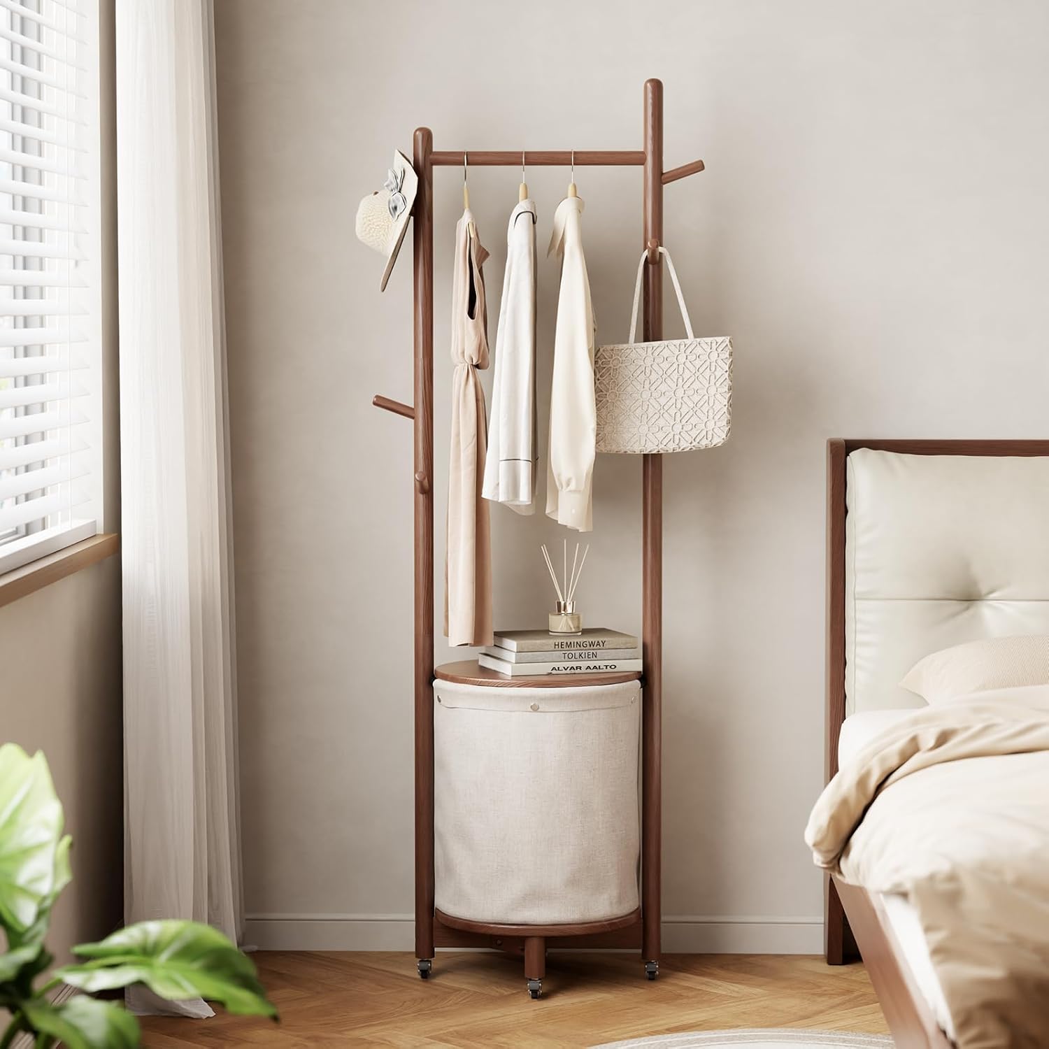 CycleCrew Solid Wood Coat Rack with Fabric Basket - Freestanding Coat Rack Rolling Coat Tree with 9 Hooks Wheels, Small Clothes Rack For Entryway Bedroom Hallway Living Room