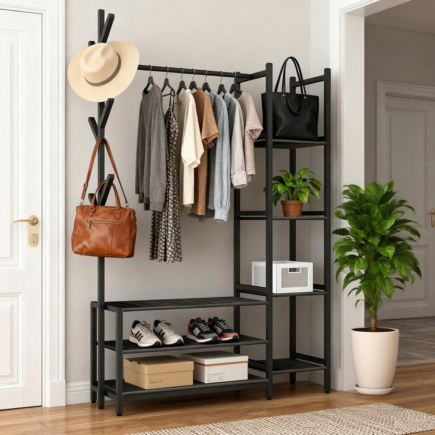 4 in 1 Freestanding Closet Organizer with Clothes Rack & Shoes Rack & 5 Side Shelves, Heavy Duty Wood Clothing Rack for Hanging Clothes, Multi-functional Wardrobe Closet for Entryway/Bedroom- Back