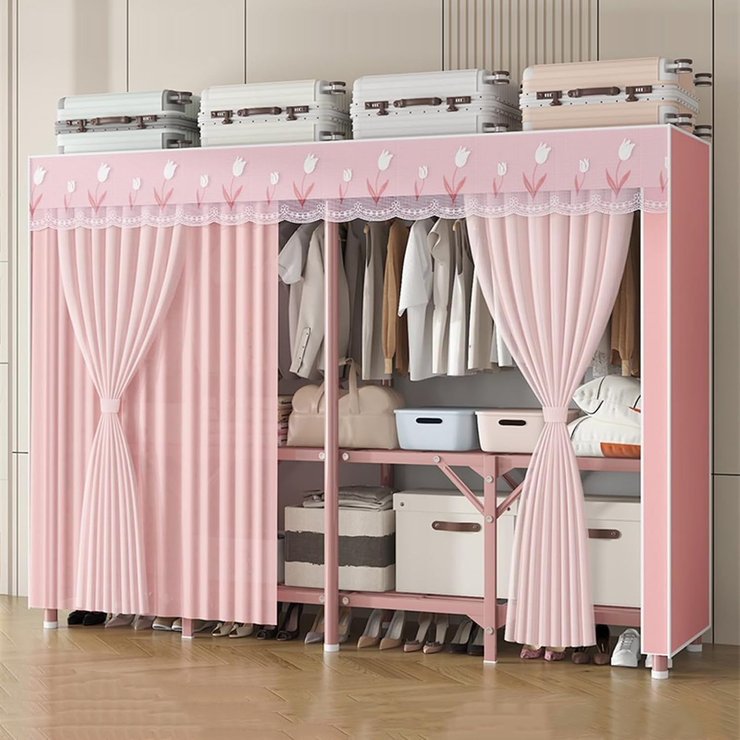 Portable Wardrobe Closet for Hanging Clothes, Metal Freestanding Armoire Wardrobe Clothes Rack with Fabric Cover, Large Capacity Garment Rack Clothes Organizer with Shelves, For Bedroom(Pink,78.7''x17